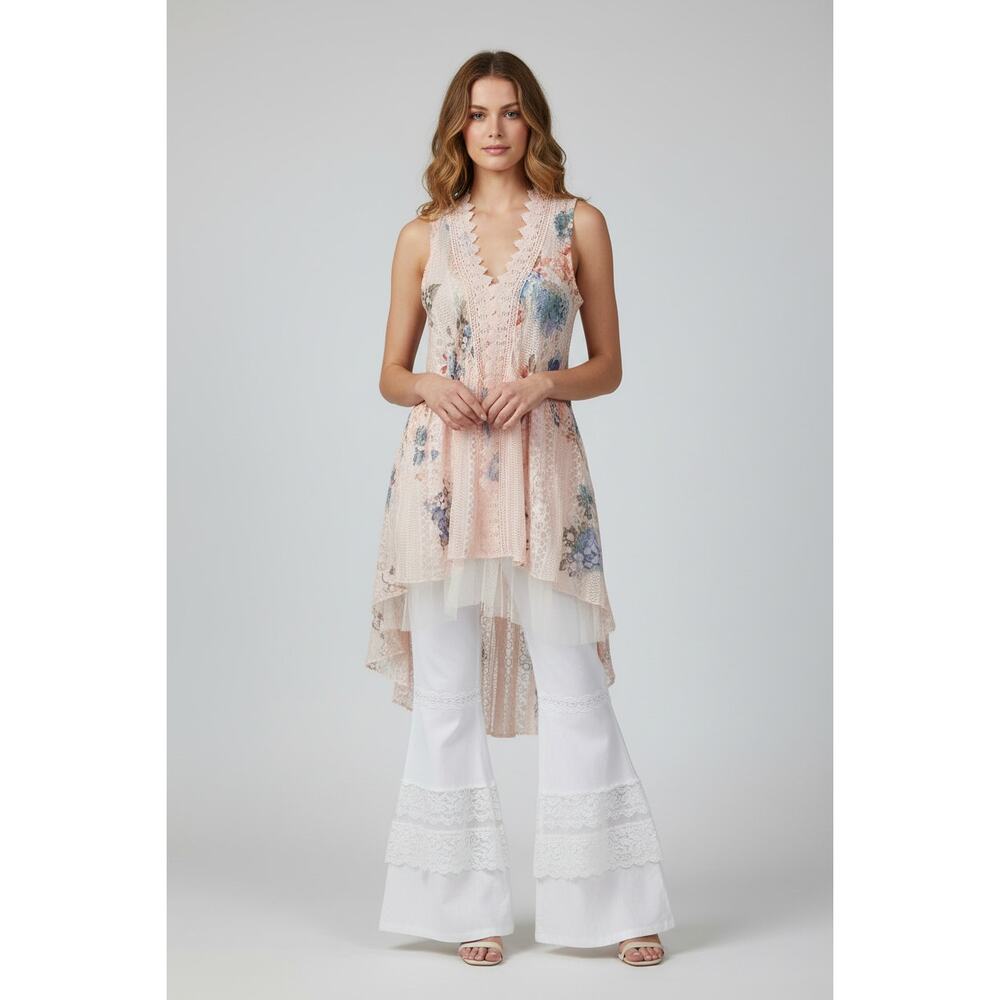 Origami Hi-Lo Lace Pink Floral Multicolor Vest Small